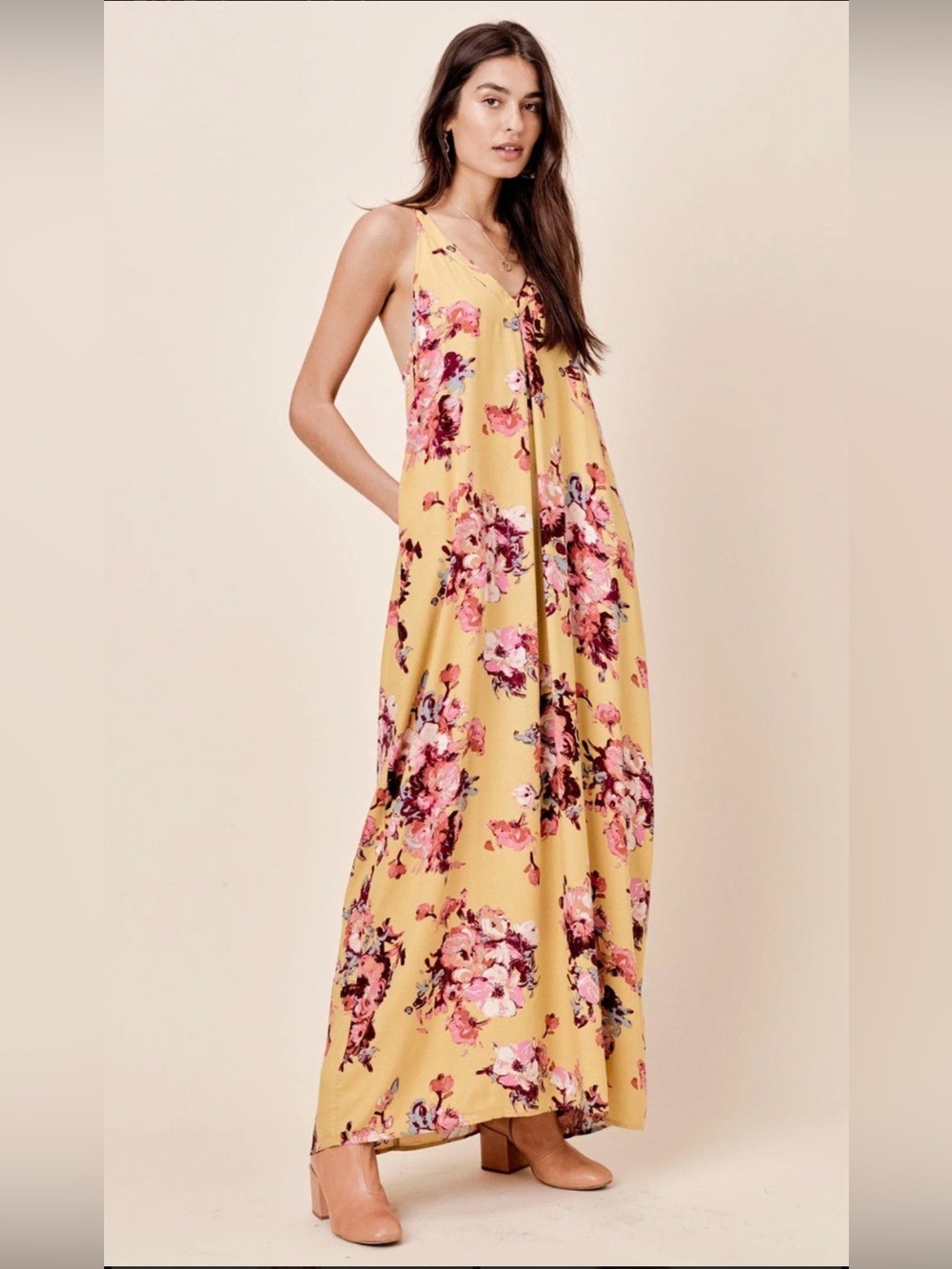 lovestitch Mustard Floral V-Neck Maxi Dress with Racerback